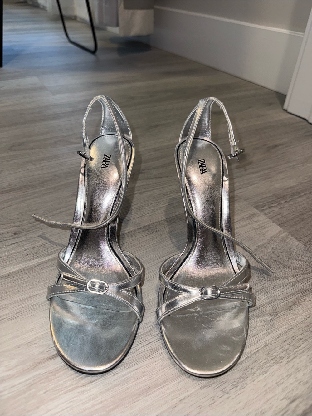 Zara Metallic Silver Strappy Heeled Sandals